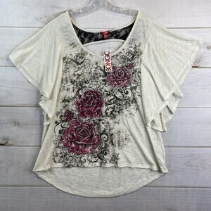 Bongo Top Womens 2X Floral Studded Bell Sleeve Open Back Lace Detail Sheer NWT